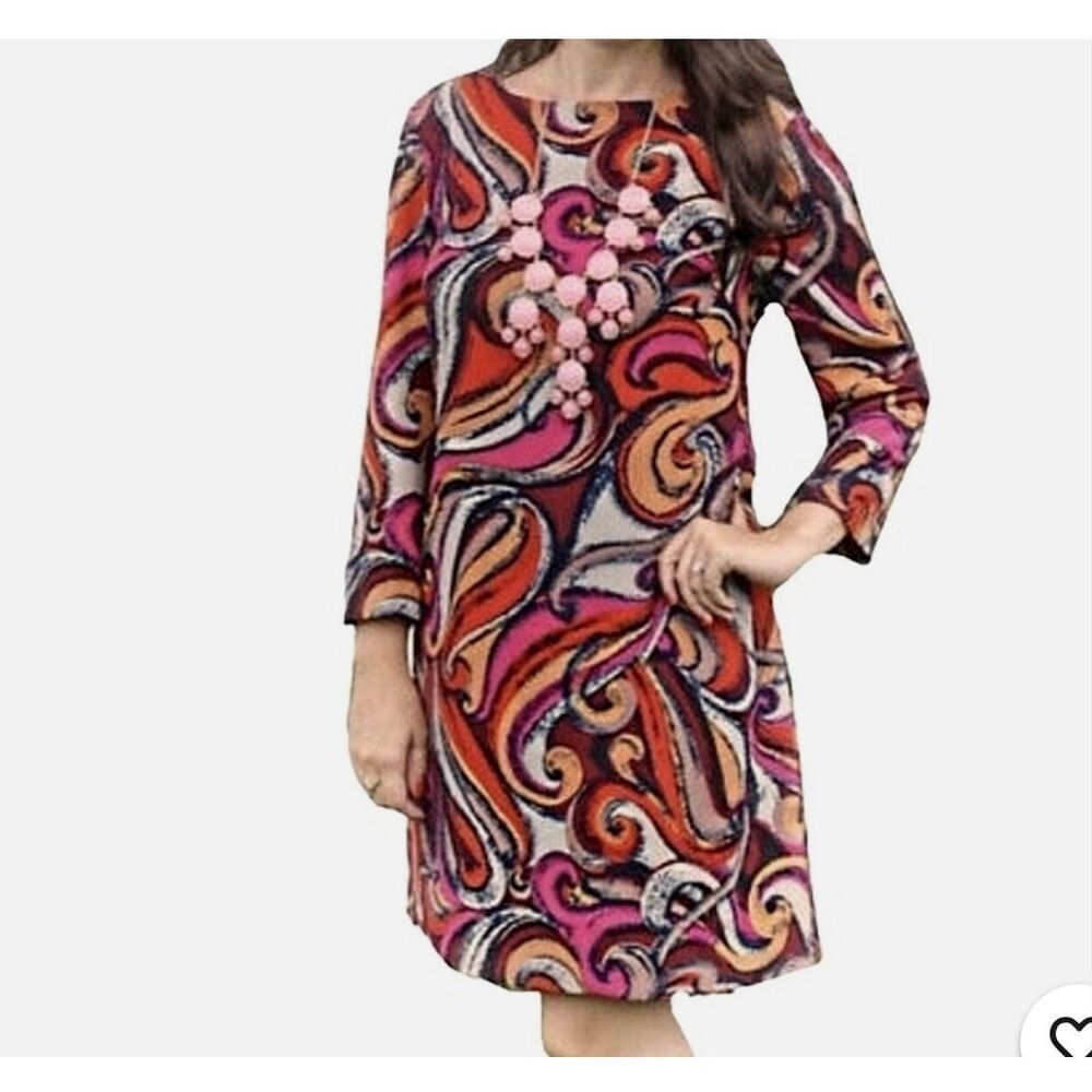 Anthropologie Maeve bright geometric swirl print 3/4 sleeve shift dress